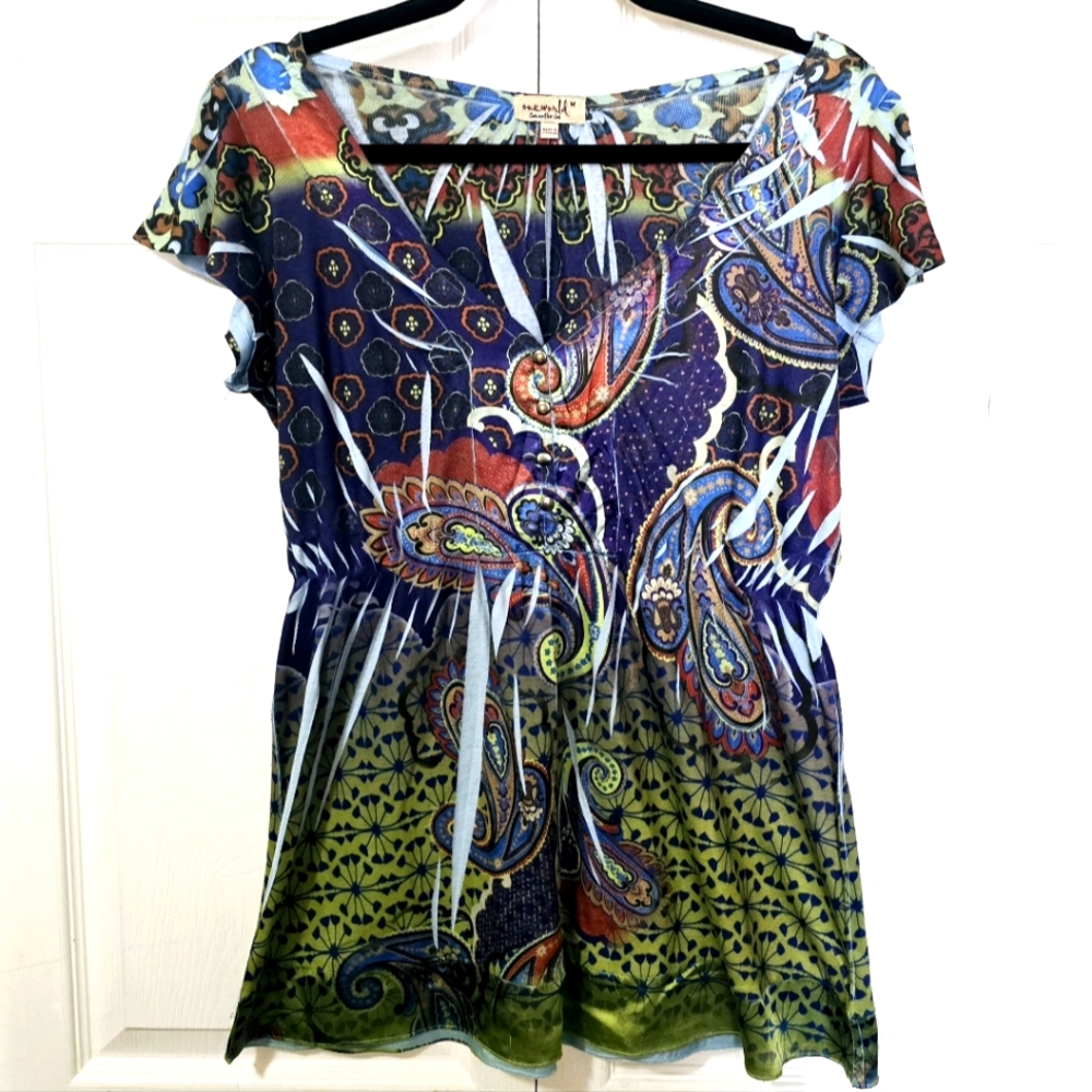 ONE WORLD Women's Size Medium Colorful V-neck X-long Short Sleeve Tunic